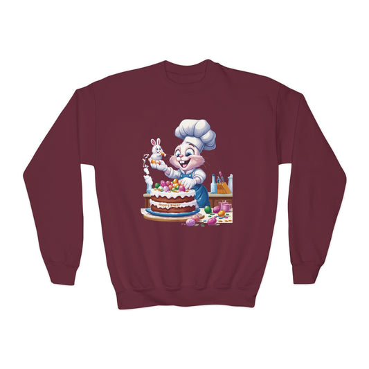 Hoppy Baker Easter Bunny Youth Sweatshirt - Cute Spring Crewneck for Kids with Chef Bunny and Cake, Fun Holiday Gift for Easter Lovers