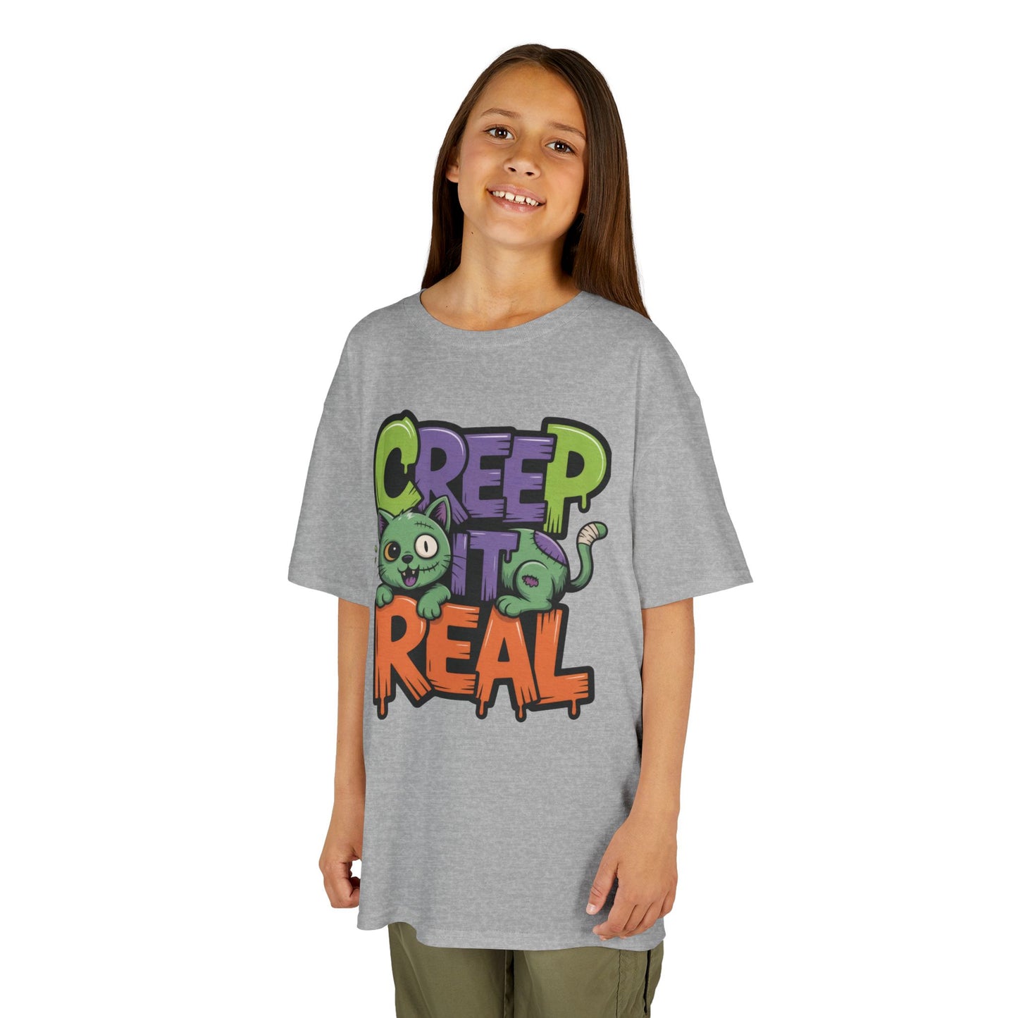 Creep It Real Kids Halloween Shirt, Cute Zombie Cat Graffiti Style T-Shirt for Boys & Girls