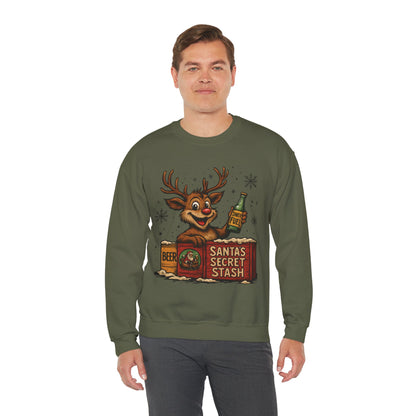 Mens Funny Christmas Sweatshirt, Santa's Secret Stash Reindeer Pullover, Men's Heavy Blend™ Crewneck Sweatshirt