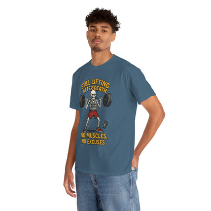 Funny Skeleton Gym T-Shirt, Still Lifting After Death, Funny Workout Shirt for Men, Fitness Gift, Halloween Apparel, Unisex Cotton Tee