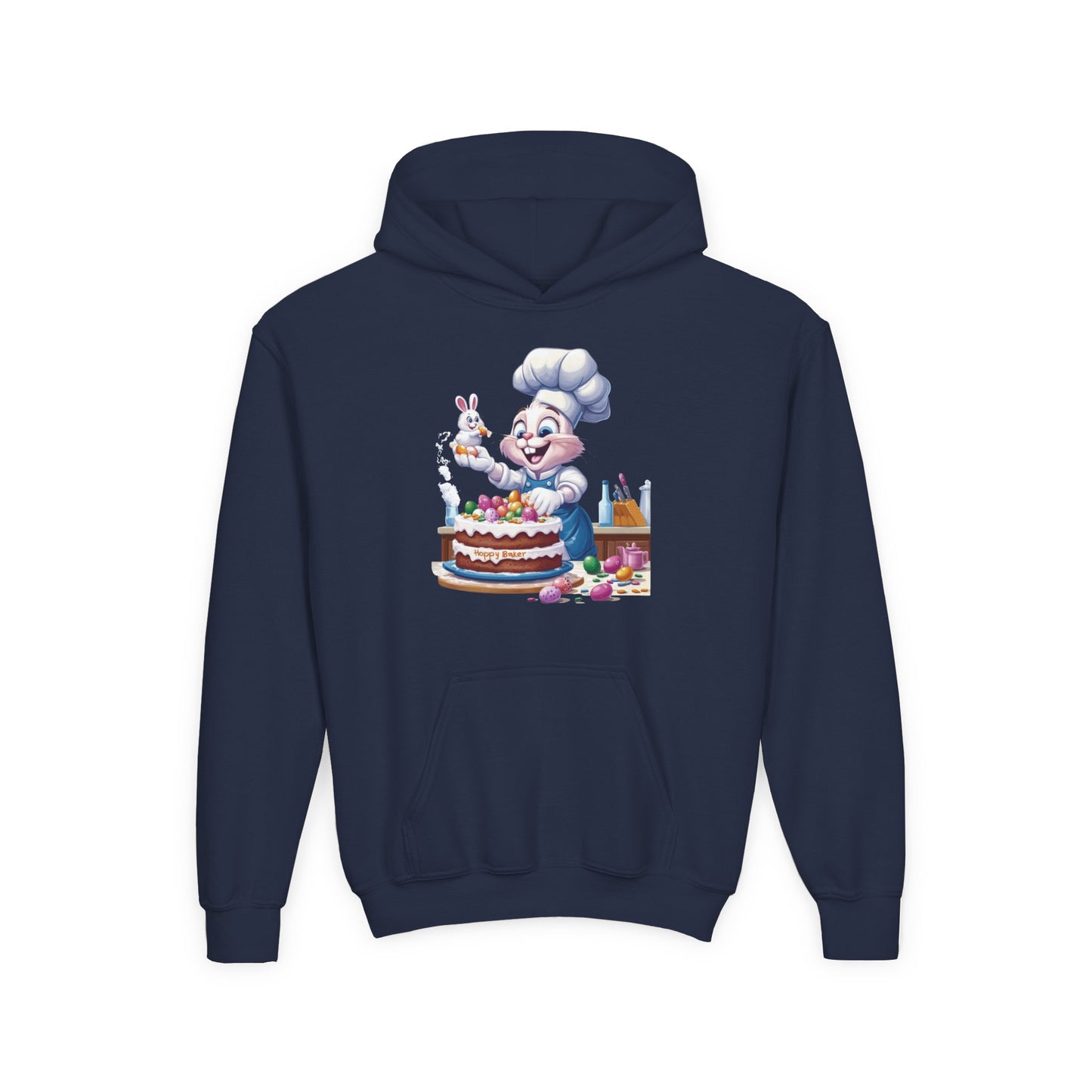 Hoppy Baker Easter Bunny Kids Hoodie - Cute Chef Bunny with Cake Design, Fun Spring Sweatshirt, Colorful Holiday Gift for Children