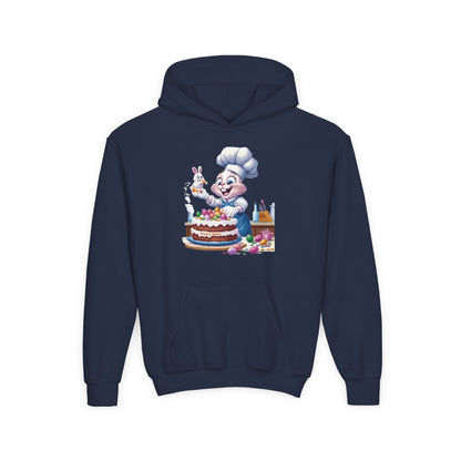 Hoppy Baker Easter Bunny Kids Hoodie - Cute Chef Bunny with Cake Design, Fun Spring Sweatshirt, Colorful Holiday Gift for Children