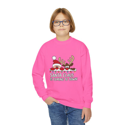 Santa Claus Is Coming to Town Kids Christmas Sweatshirt, Cute Santa - Reindeer Holiday Jumper