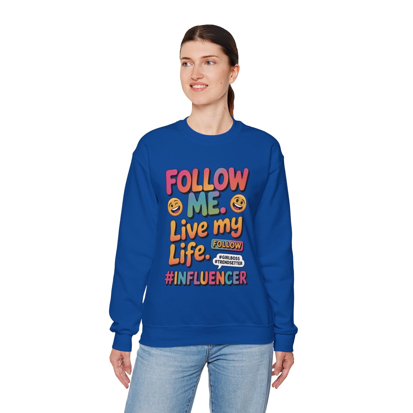Womens Heavy Blend™ Crewneck Sweatshirt, Influencer Sweatshirt, Colorful Follow Me Live My Life Graphic Sweatshirt, Trendy GirlBoss Outfit