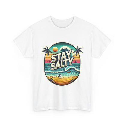 Stay Salty Retro Surf Unisex Heavy Cotton Tee, Vintage Beach Sunset Graphic T-Shirt, Summer Ocean Wave Surfer Shirt, Ocean Lover Gift