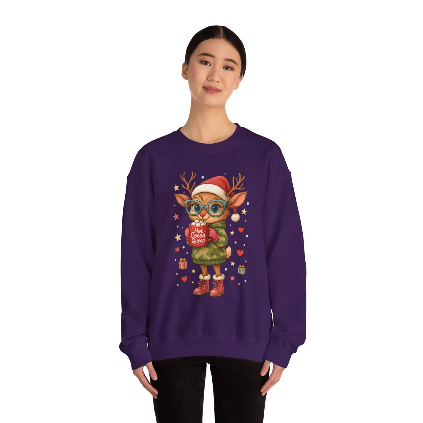 Hot Cocoa Queen Christmas Sweatshirt, Cute Cozy Holiday Reindeer Pullover