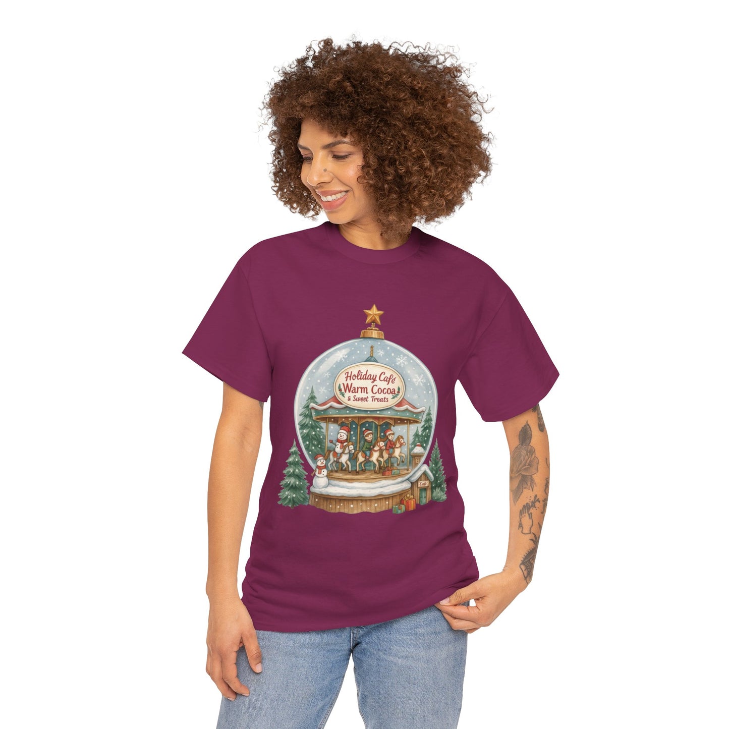 Holiday Café Christmas T-Shirt for Women, Warm Cocoa  Carousel Tee