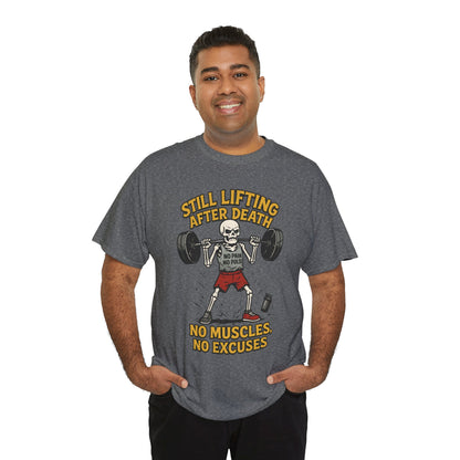 Funny Skeleton Gym T-Shirt, Still Lifting After Death, Funny Workout Shirt for Men, Fitness Gift, Halloween Apparel, Unisex Cotton Tee