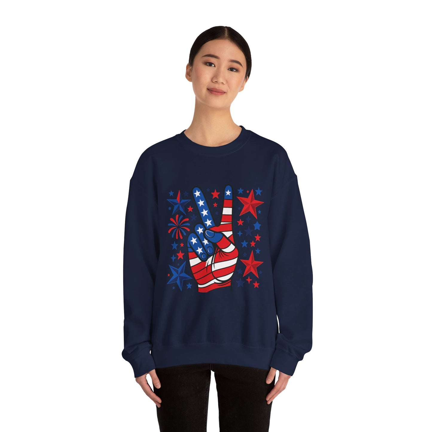 Patriotic Peace Crewneck Sweatshirt - Unisex Heavy Blend, 4th of July Clothing, Peace Sign Design, Casual Wear, Gift for Him/Her