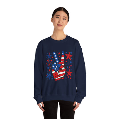 Patriotic Peace Crewneck Sweatshirt - Unisex Heavy Blend, 4th of July Clothing, Peace Sign Design, Casual Wear, Gift for Him/Her
