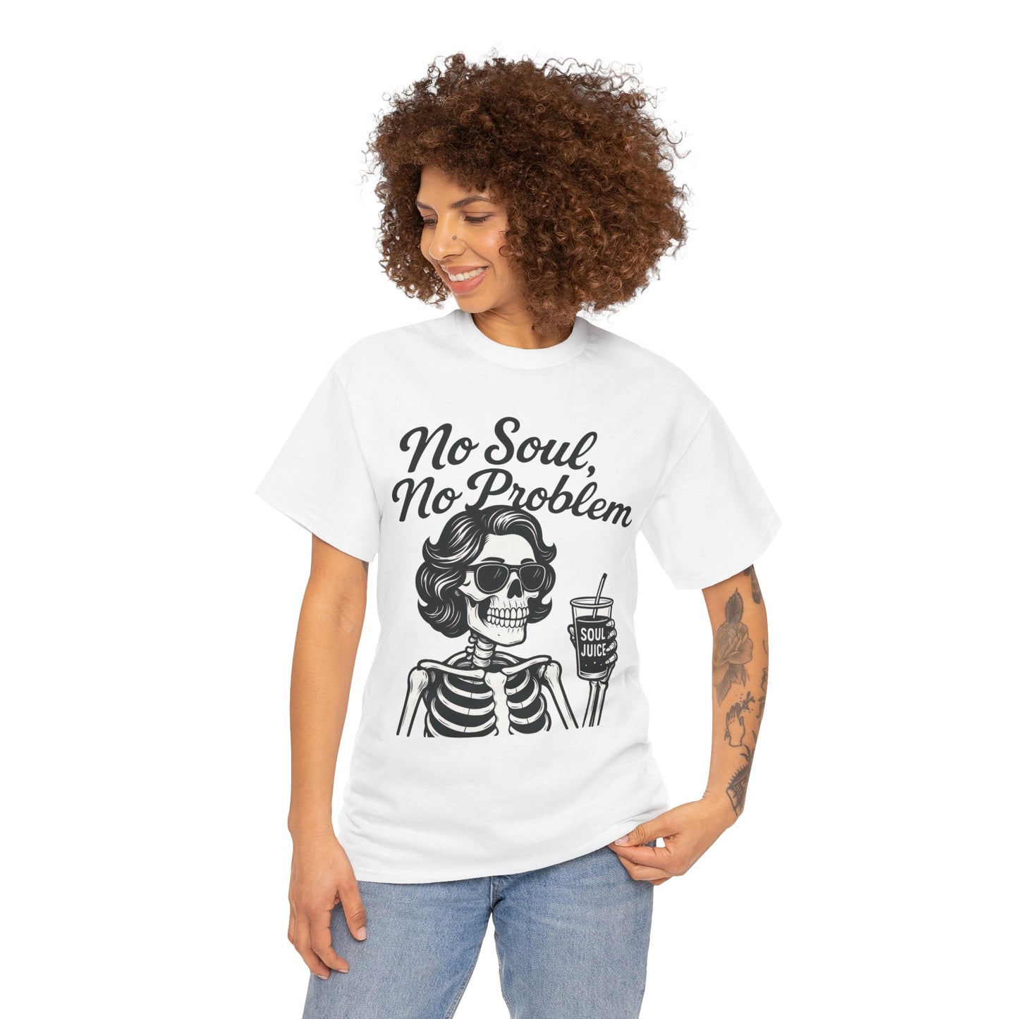 No Soul No Problem Skeleton T-Shirt for Women, Funny Gothic Skull Tee, Dark Humor Halloween Shirt, Spooky Retro Skeleton Top