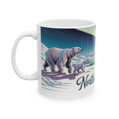 Northern Serenity Polar Bear Mug, Arctic Aurora Coffee Cup, Winter Wildlife Gift, Cute Animal Nature Lover Mug, Holiday Present