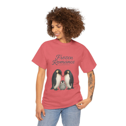 Womens Heavy Cotton Tee, Womens Frozen Romance Penguin T-Shirt, Cute Animal Graphic Tee, Love Birds Shirt Gift