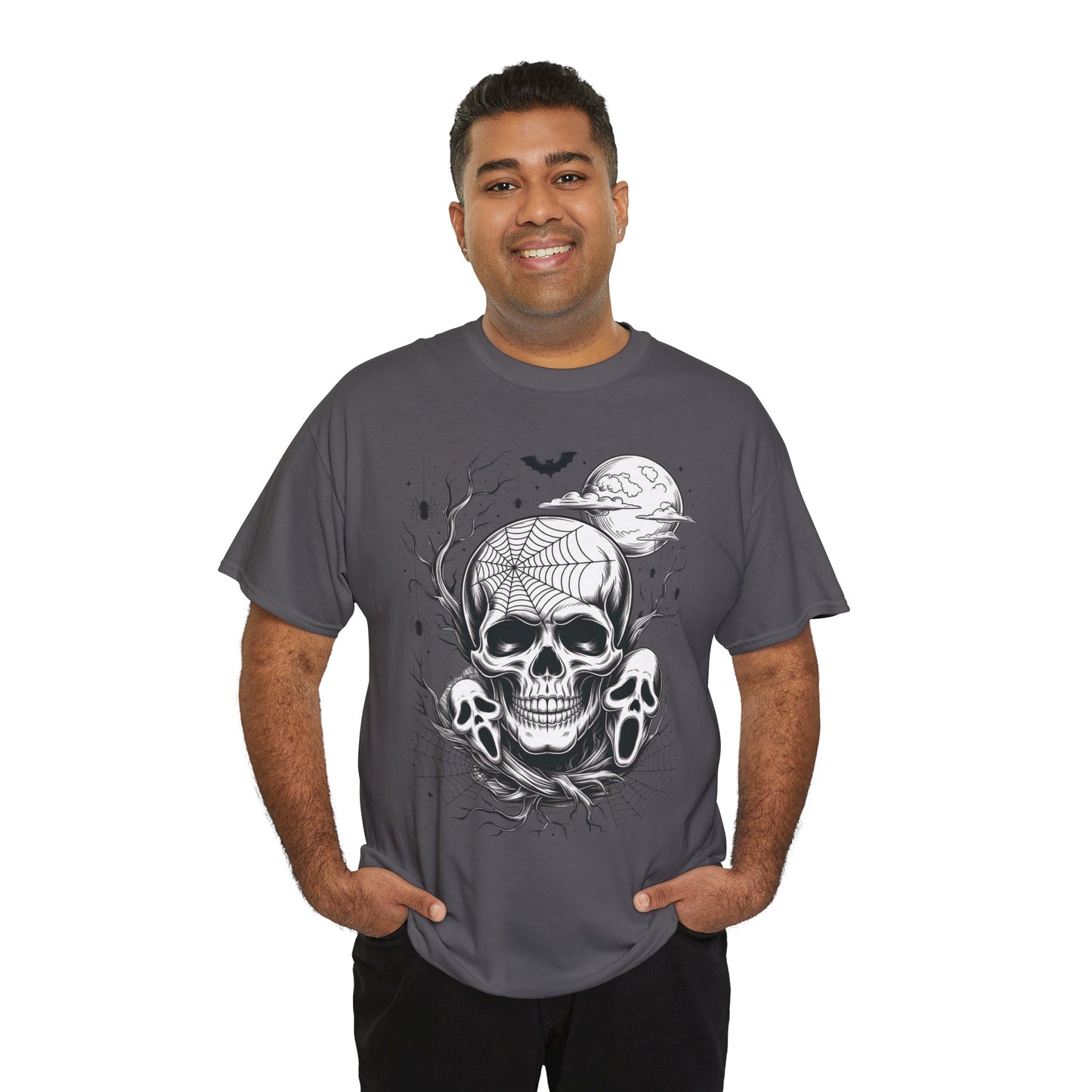 Men's Gothic Skull T-Shirt, Halloween Graphic Tee, Spider Web & Moon Horror Shirt, Spooky Skull Graphic Top for Him