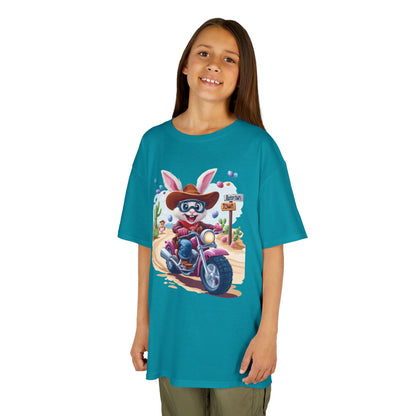 Biker Bunny Kids Tee - Fun Easter Shirt for Boys & Girls, Cute Spring Outfit with Motorcycle Rabbit Heavy Cotton Toddler T-Shirt Bunny Rider
