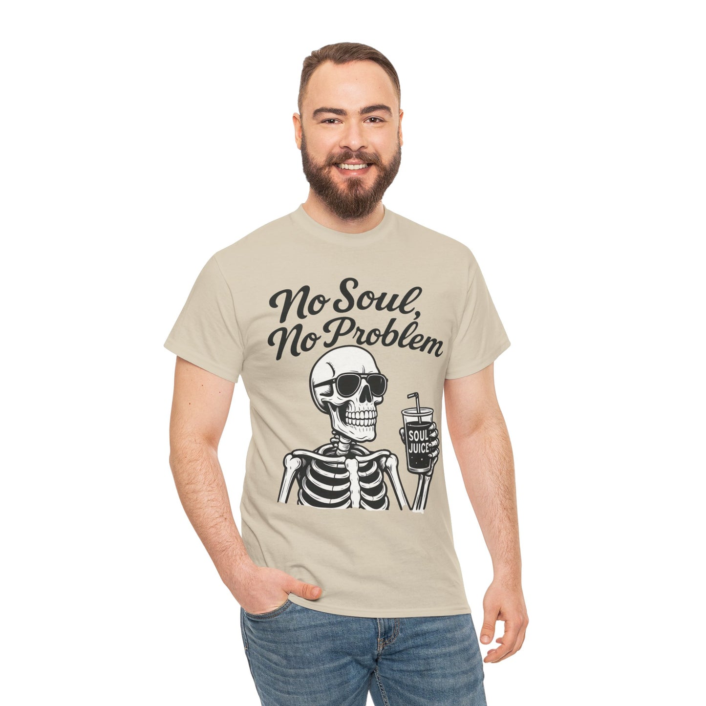 No Soul No Problem Skeleton T-Shirt for Men, Funny Gothic Skull Tee, Cool Spooky Halloween Shirt, Dark Humor Skeleton Graphic Top