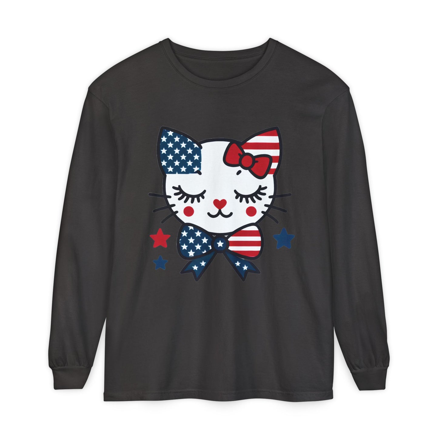 Patriotic Cat Long Sleeve T-Shirt, Women's Tee, Perfect for Fourth of July, Animal Lover Gift, Cozy Casual Wear, Holiday Apparel