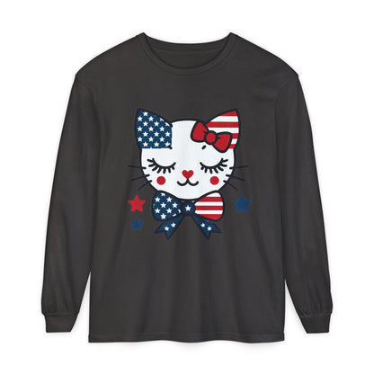 Patriotic Cat Long Sleeve T-Shirt, Women's Tee, Perfect for Fourth of July, Animal Lover Gift, Cozy Casual Wear, Holiday Apparel