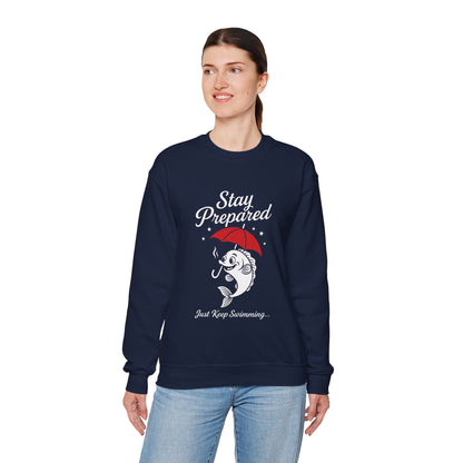 Funny Fish Womens Crewneck Sweatshirt - Stay Prepared Just Keep Swimming Nautical Pullover - Cozy Positive Gift, Fishing Humor