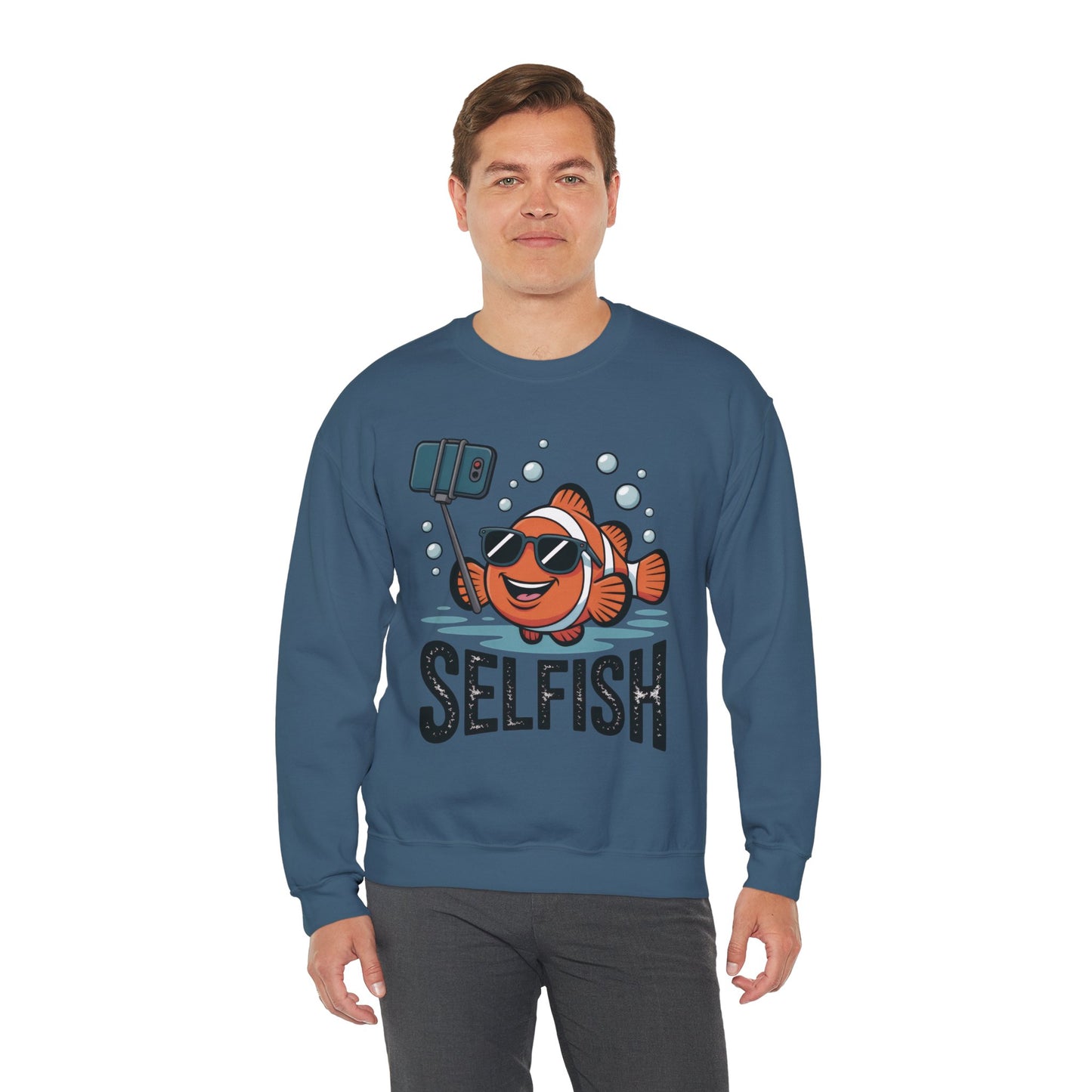 Unisex Heavy Blend™ Crewneck Sweatshirt, Mens Selfish Funny Fish Sweatshirt, Cute Selfie Pullover, Ocean Humor Top