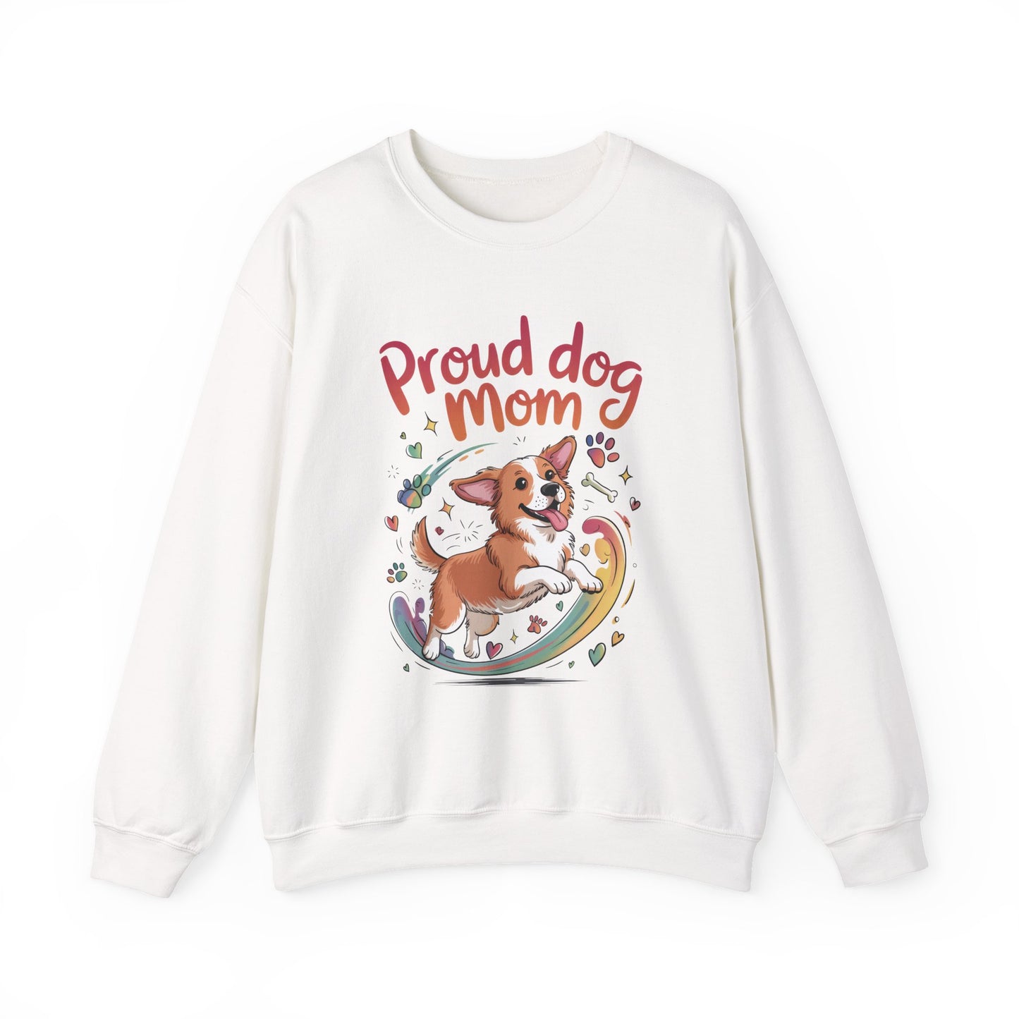 Proud Dog Mom Crewneck Sweatshirt, Pet Lover Gift, Dog Mom Apparel, Animal Lover Clothing, Gift for Dog Moms, Puppy Paw Rainbow Print