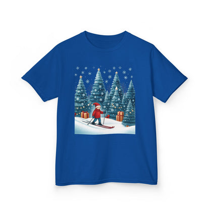 Kids Christmas Skiing T-Shirt, Cute Winter Holiday Graphic Tee, Kids Heavy Cotton™ Tee