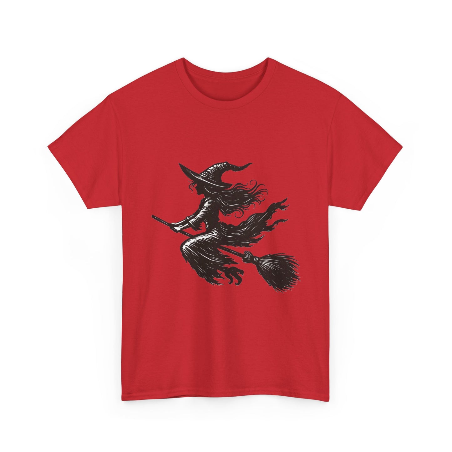 Flying Witch Silhouette Halloween T-Shirt for Women, Vintage Witch on Broom Tee, Spooky Gothic Fall Shirt, Minimal Black Witch Top