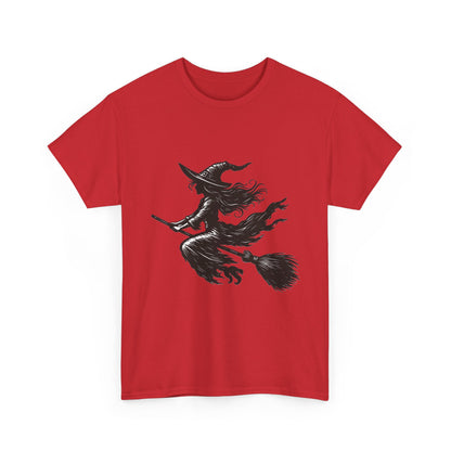 Flying Witch Silhouette Halloween T-Shirt for Women, Vintage Witch on Broom Tee, Spooky Gothic Fall Shirt, Minimal Black Witch Top