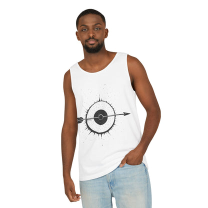 Mens Garment-Dyed Tank Top with Target Arrow Design, Casual Wear, Summer Essentials, Gym Wear, Gifts for Archery Lovers