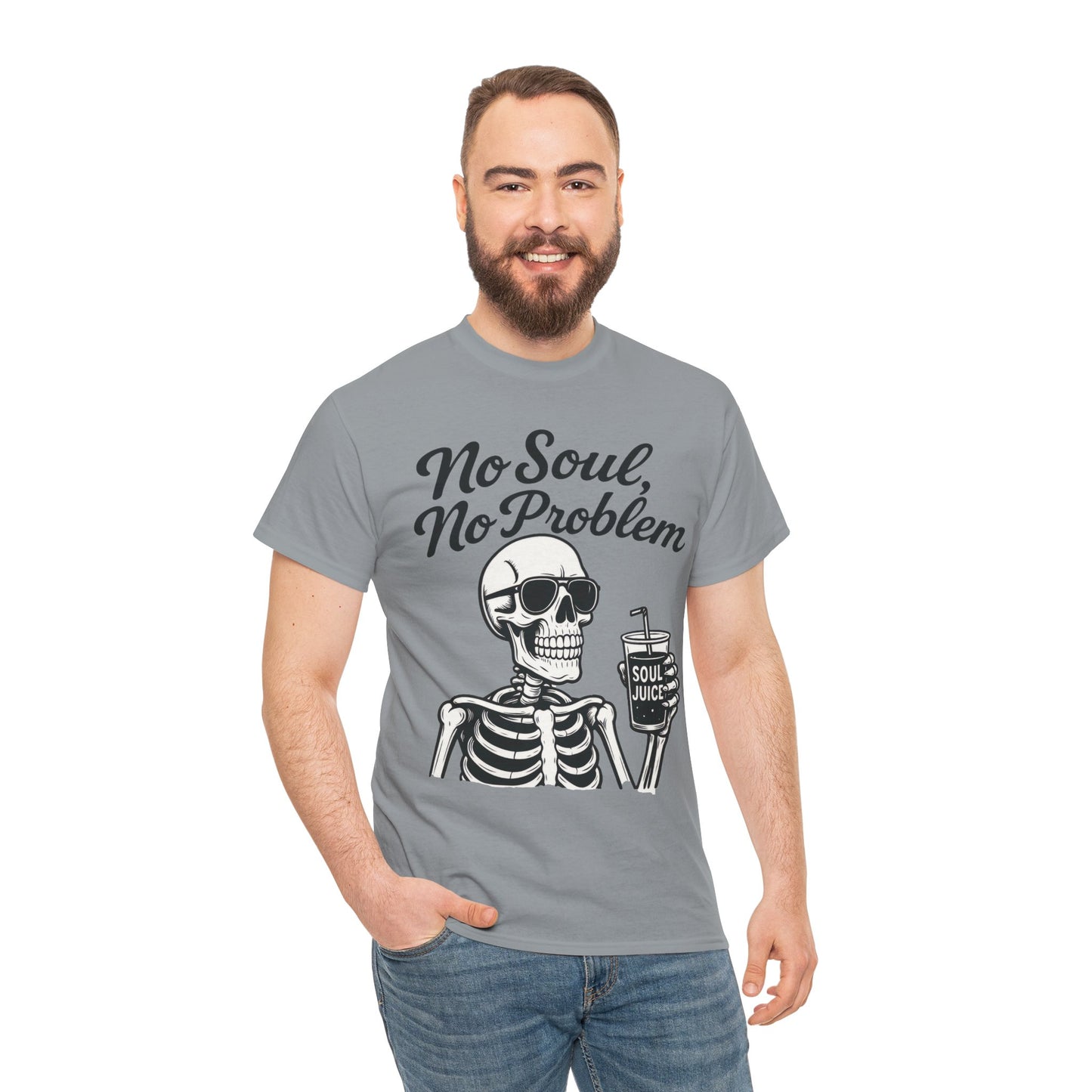 No Soul No Problem Skeleton T-Shirt for Men, Funny Gothic Skull Tee, Cool Spooky Halloween Shirt, Dark Humor Skeleton Graphic Top