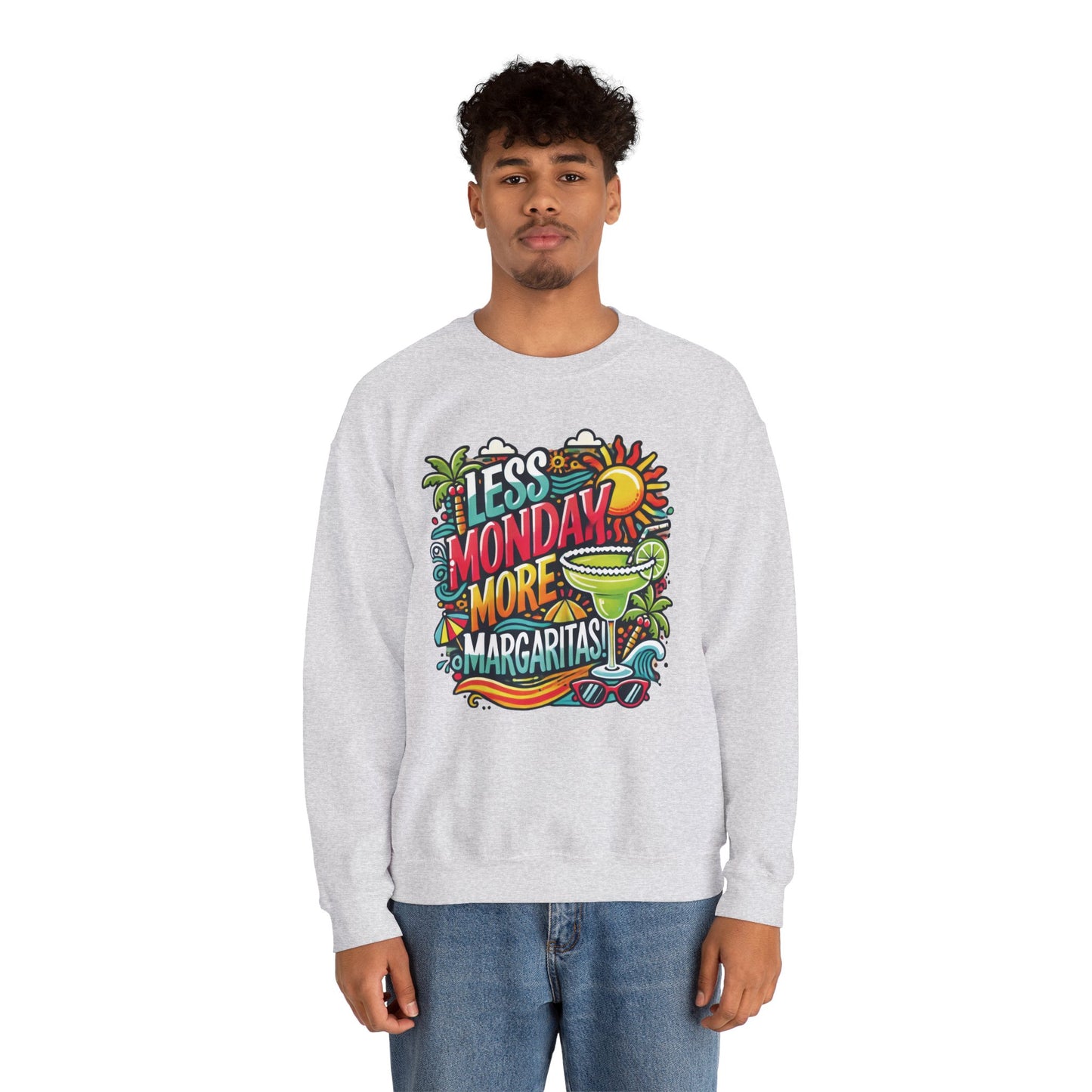 Less Monday More Margaritas Crewneck Sweatshirt, Funny Summer Unisex Beach Vibes Pullover, Fun Unisex Crewneck, Summer Parties Sweatshirt