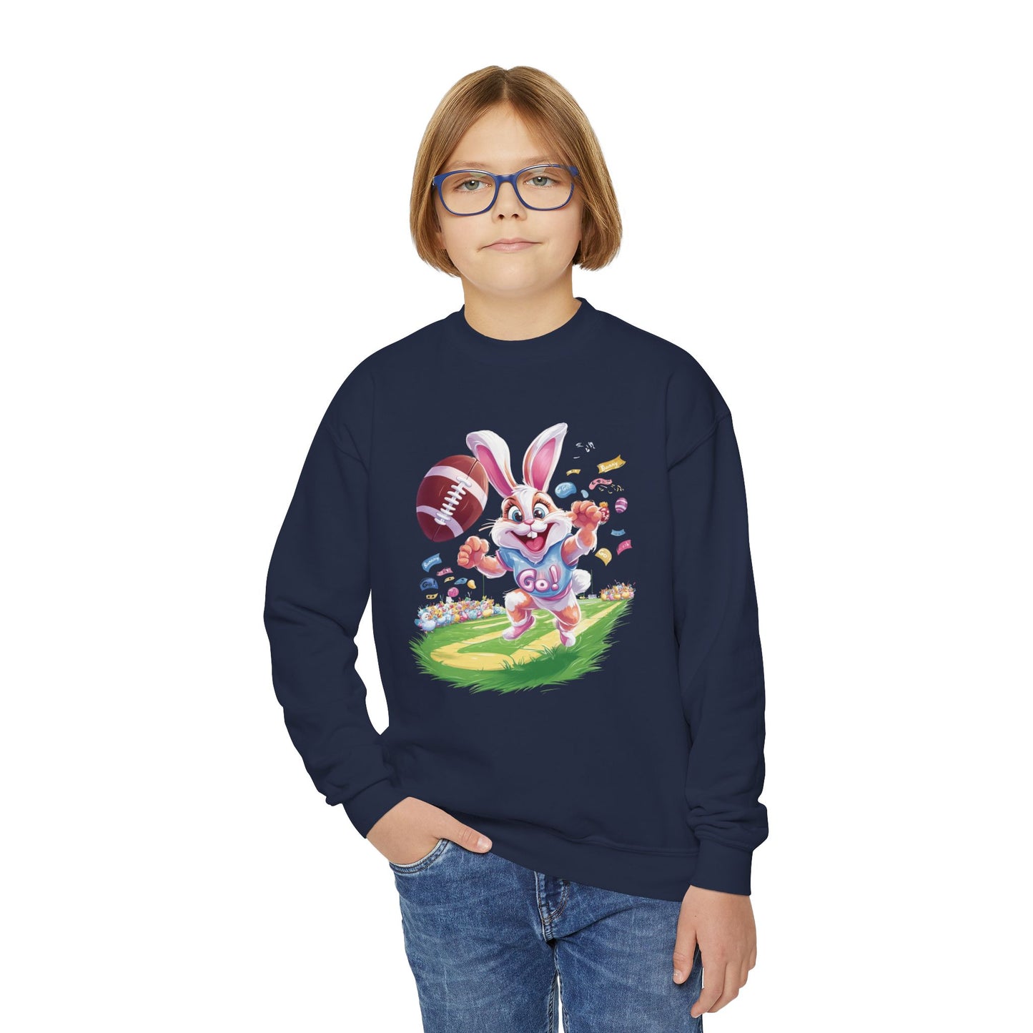 Touchdown Bunny Youth Sweatshirt - Fun Easter Football Bunny Design, Kids Spring Outfit, Game Day Gift, Playful Bunny Sports Shirt