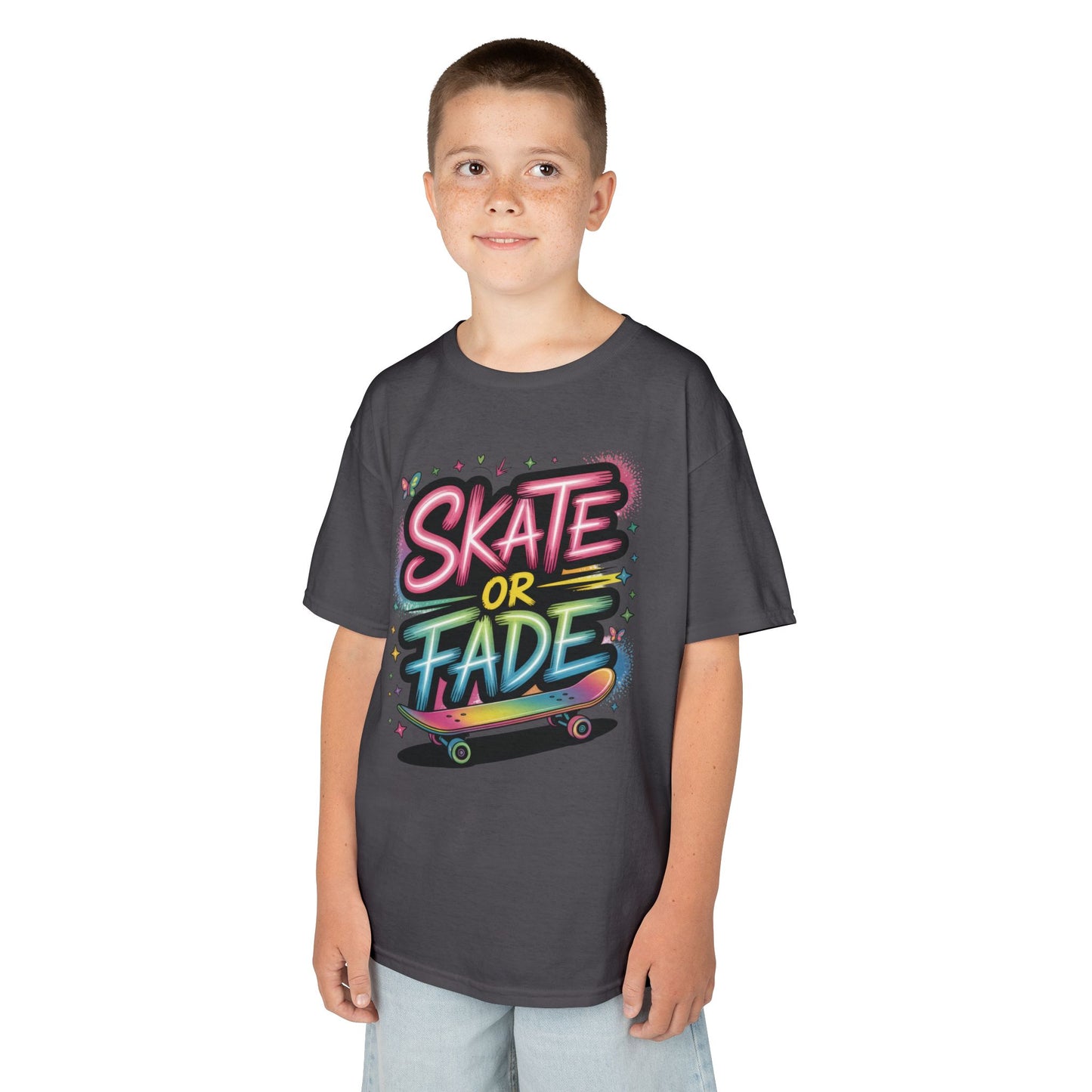 Skate Or Fade Girls Shirt, Colorful Graffiti Skateboarding Tee, Kids Heavy Cotton™ Tee