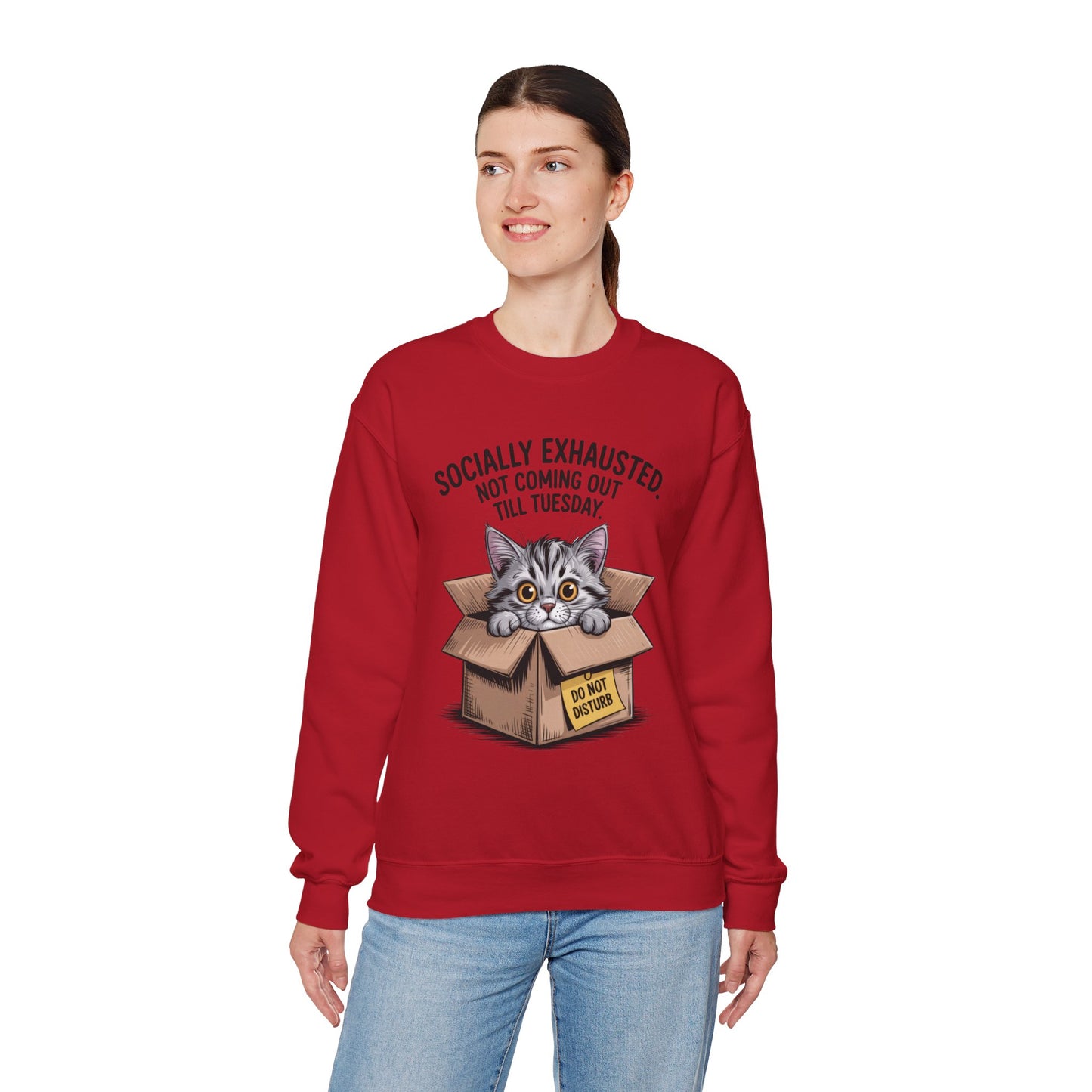 Socially Exhausted Cat Sweatshirt, Funny Cat Crewneck, Gift for Cat Lovers, Cozy Unisex Pullover, Weekend Comfort Apparel
