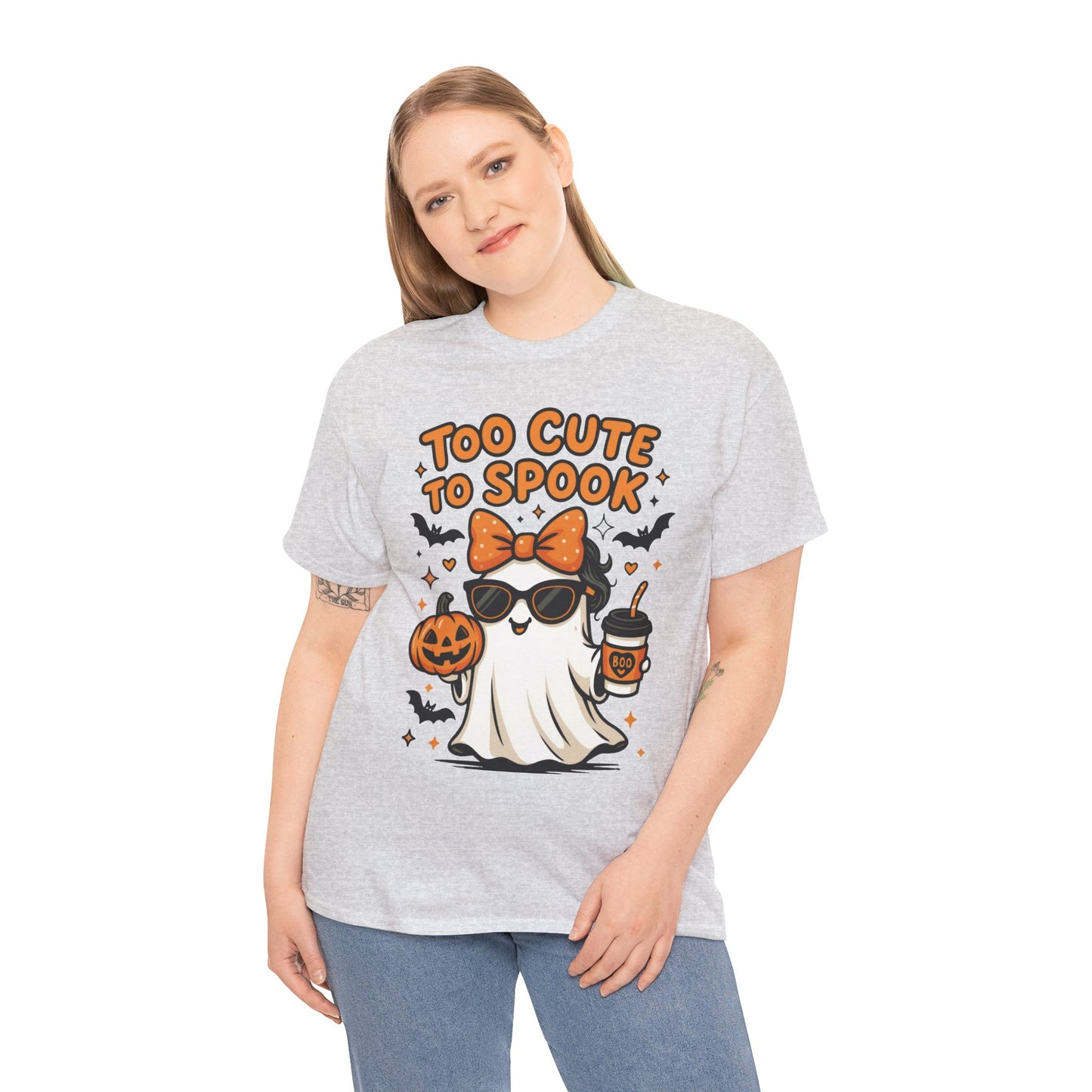 Too Cute To Spook Women's T-Shirt, Cute Ghost Pumpkin Coffee Halloween Graphic Tee