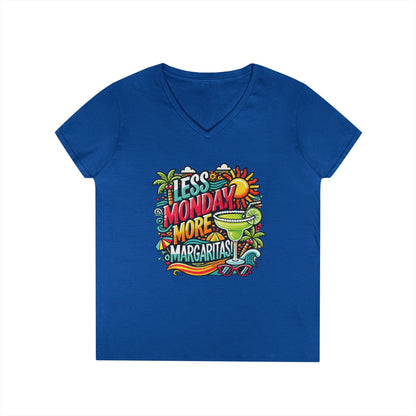 Less Monday More Margaritas Ladies' V-Neck T-Shirt, Funny Summer Cocktail Shirt, Tropical Vacation Tee for Women, Party Tee, Weekend Vibes