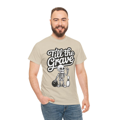 Skeleton Bowling Graphic Tee, Mens Heavy Cotton Tee, Funny Halloween Shirt, Gift for Bowlers, Retro Style Apparel, Casual Wear