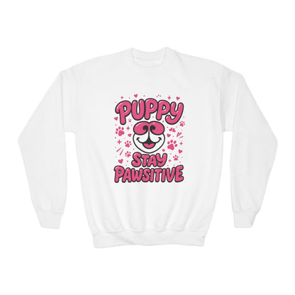 Youth Puppy Crewneck Sweatshirt - Stay Pawsitive Design, Cute Pet Apparel, Kids Sweatshirt, Animal Lover Gift, Cozy Winter Wear, Kids Gift