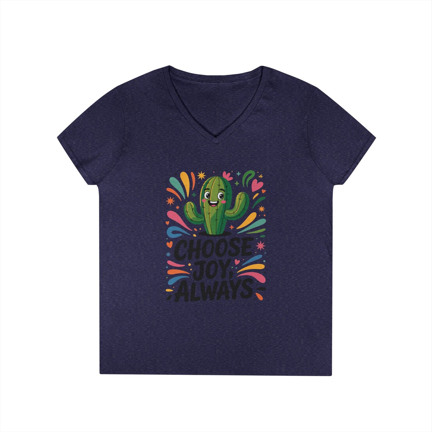 Choose Joy Cactus Ladies' V-Neck T-Shirt, Positive Vibe Shirt, Gift for Her, Summer Casual Tee, Inspirational Wear, Cute Graphic Top