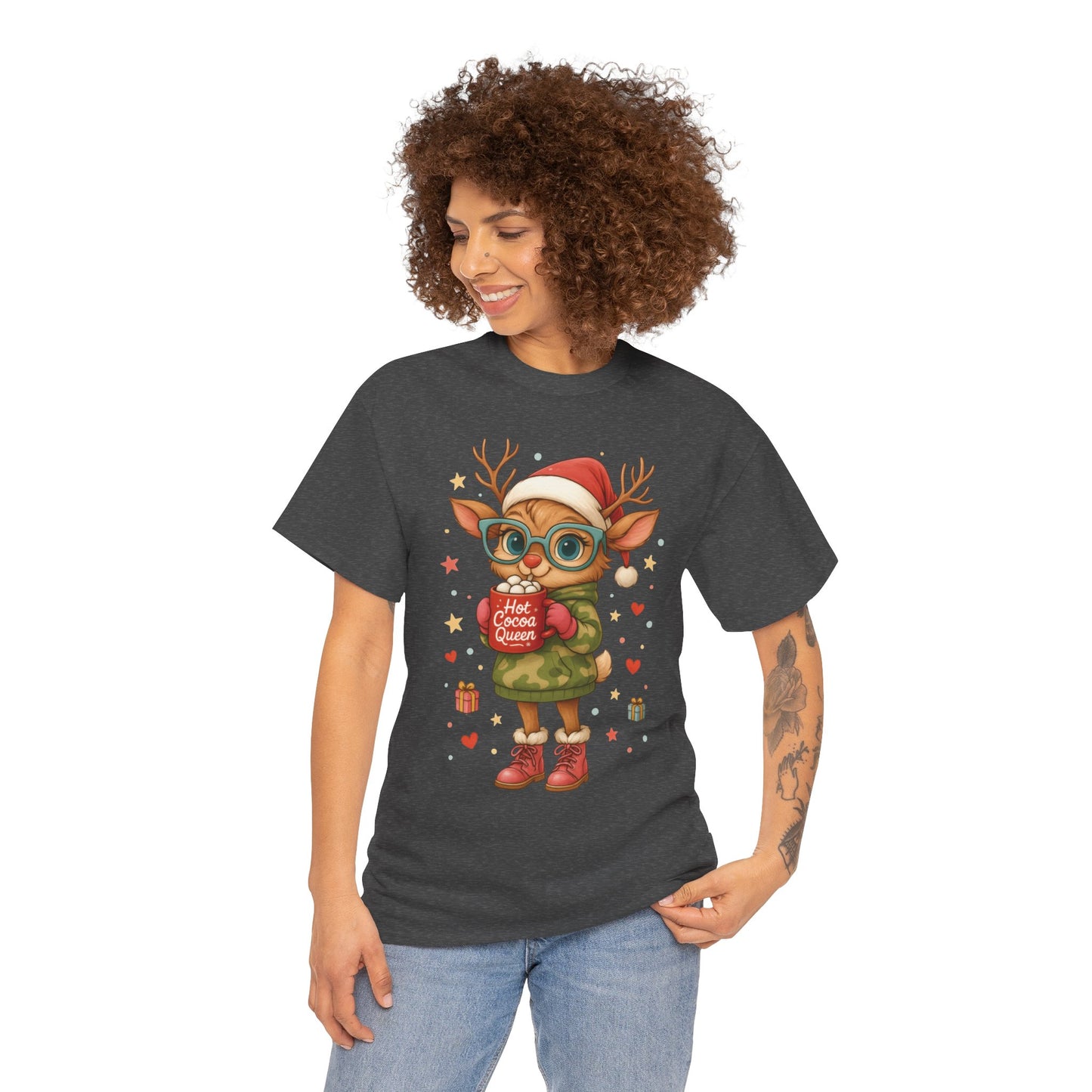 Hot Cocoa Queen Christmas T-Shirt, Cute Holiday Reindeer Tee for Women