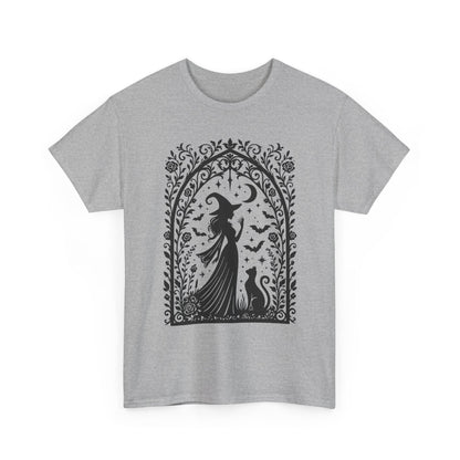 Gothic Witch & Cat Women's T-Shirt, Elegant Halloween Moon Silhouette Witchy Graphic Tee