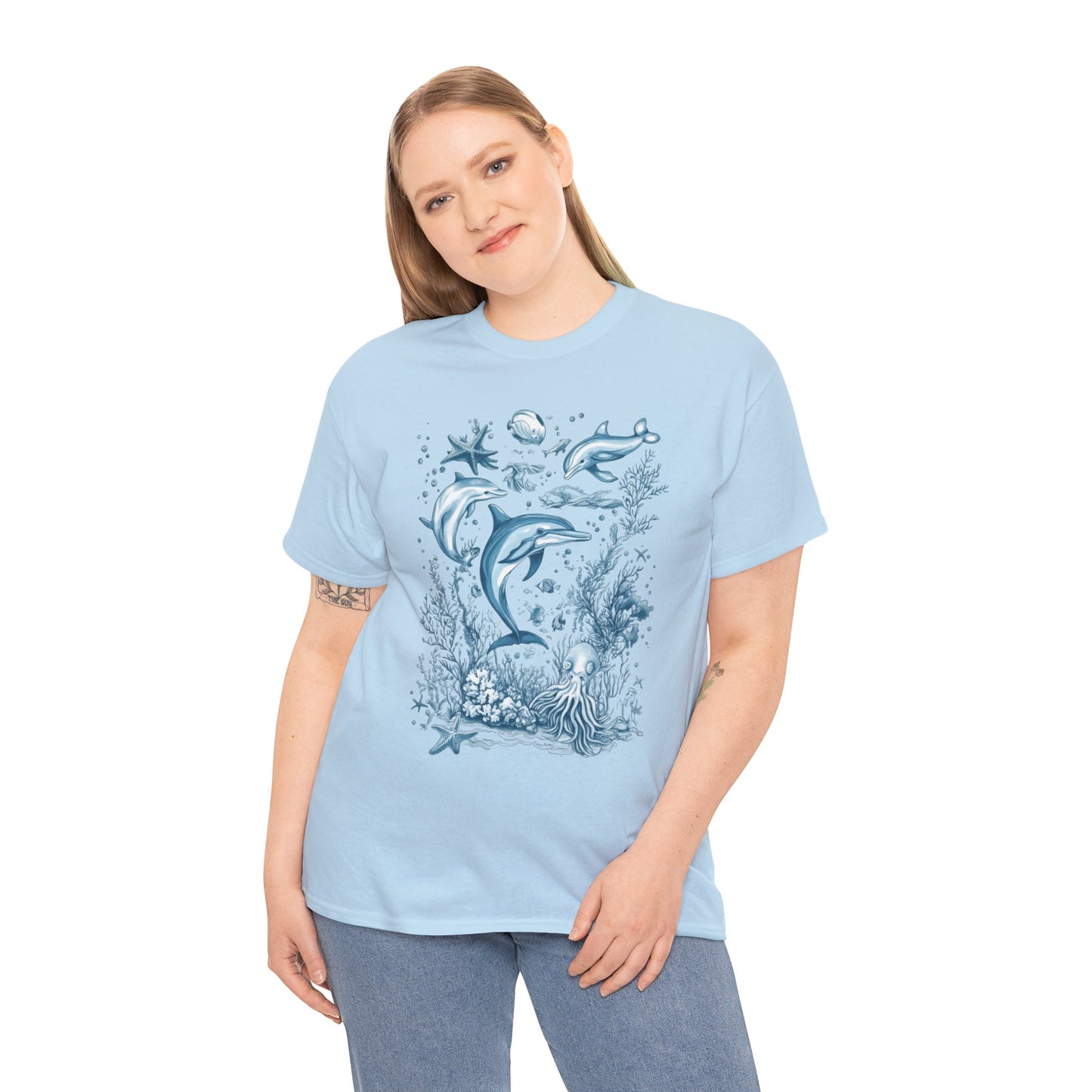 Ocean Life Dolphin T-Shirt, Women's Cotton Tee with Underwater Sea Creatures, Marine Nature Gift Shirt, Perfect for Beach Lovers