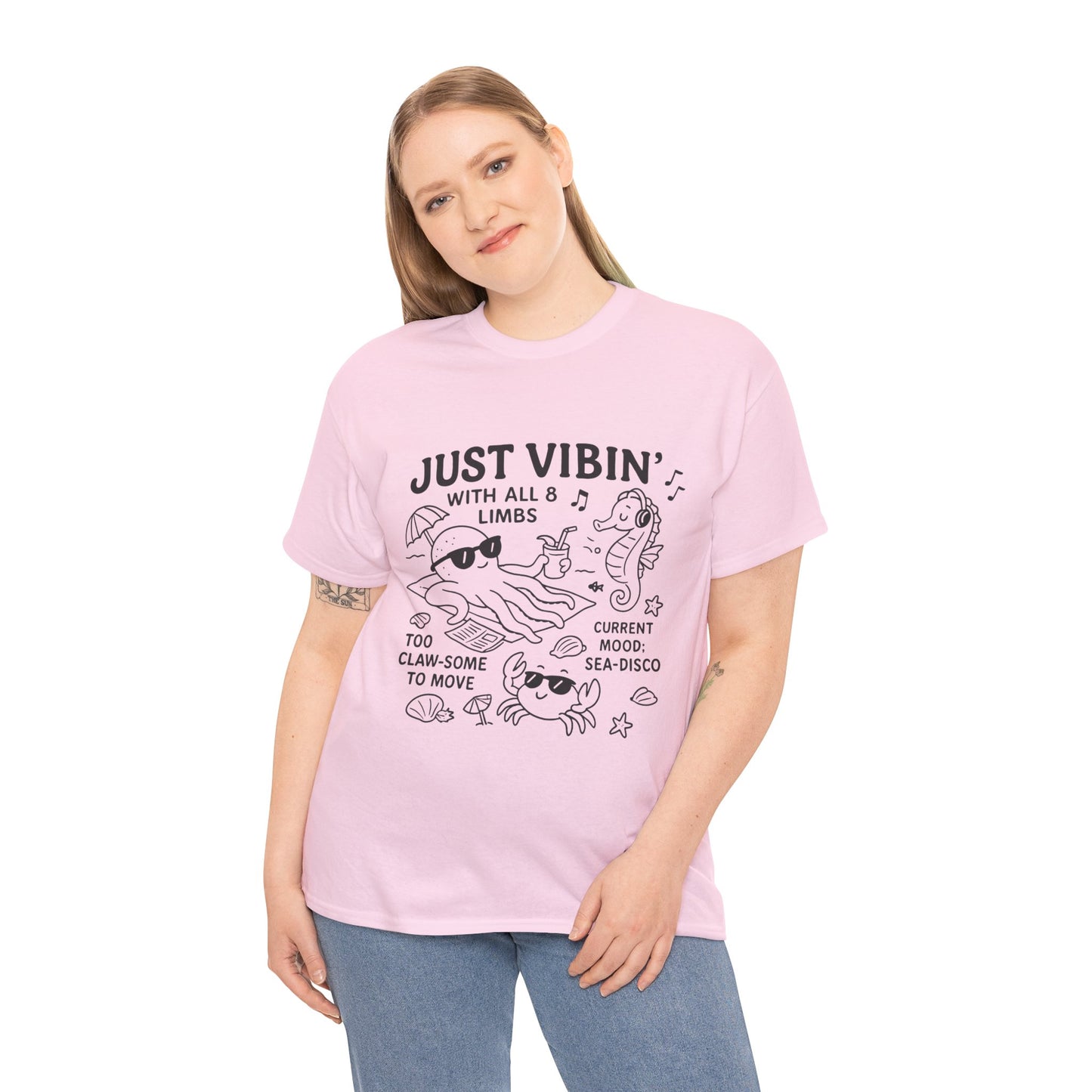 Just Vibin Womens T-Shirt, Cute Octopus & Sea Animals Graphic Tee, Funny Sea Disco Summer Shirt, Beach Vibes Gift for Her, Ocean Theme