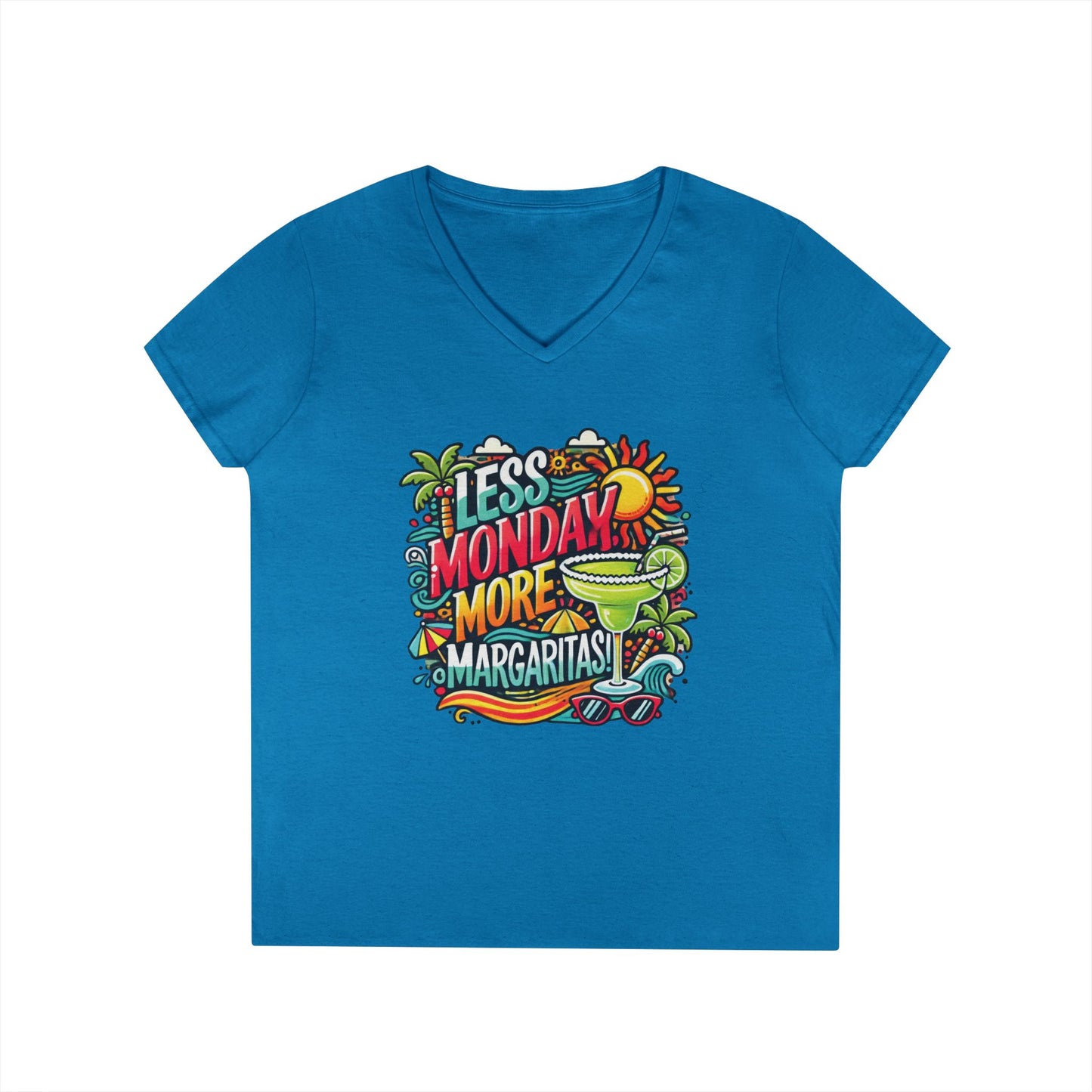 Less Monday More Margaritas Ladies' V-Neck T-Shirt, Funny Summer Cocktail Shirt, Tropical Vacation Tee for Women, Party Tee, Weekend Vibes