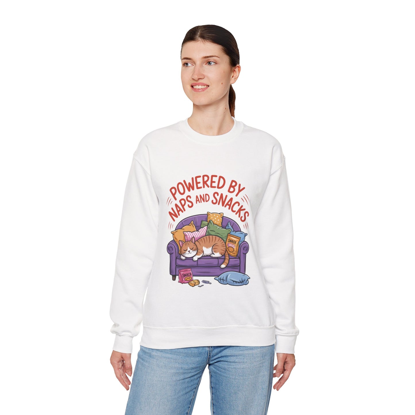 Powered by Naps and Snacks Sweatshirt, Cozy Lounge Crewneck, Gifts for Cat Lovers, Funny Cat Sweatshirt, Casual Everyday Wear