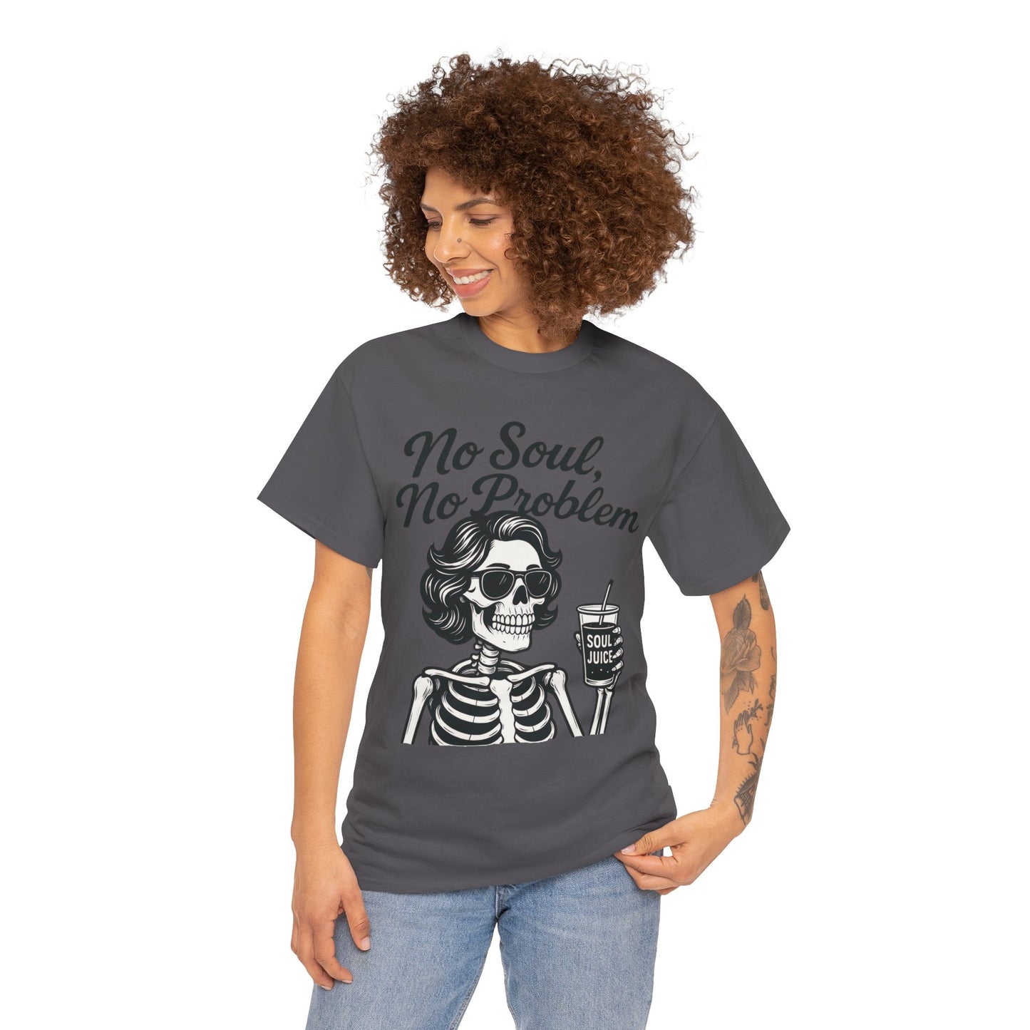 No Soul No Problem Skeleton T-Shirt for Women, Funny Gothic Skull Tee, Dark Humor Halloween Shirt, Spooky Retro Skeleton Top