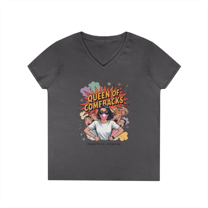 Queen of Comebacks V-Neck T-Shirt, Funny Graphic Tee, Gift for Friends, Humor Apparel, Casual Wear, Comedic Shirt