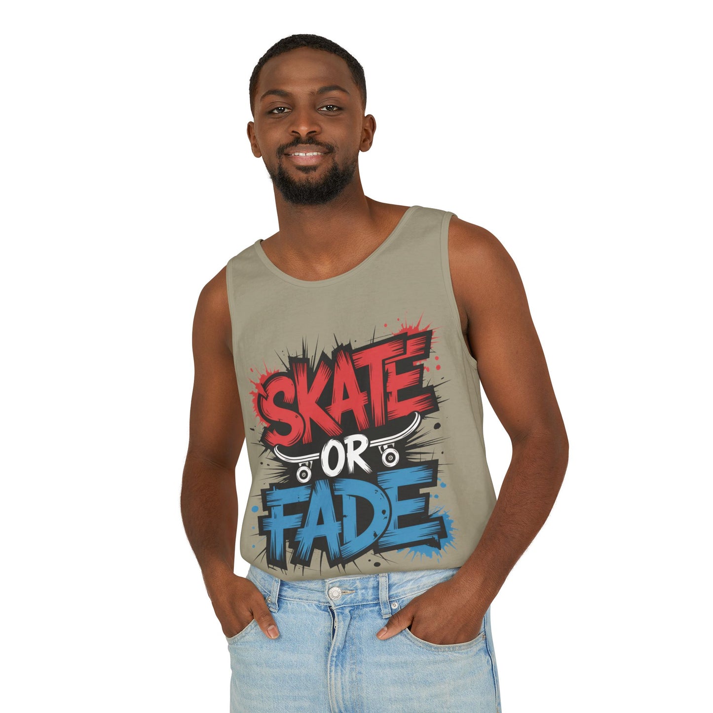 Skate Or Fade Men's Tank Top, Graffiti Skateboard Graphic Muscle Shirt, Urban Streetwear Sleeveless Top, Men's Garment-Dyed Tank Top