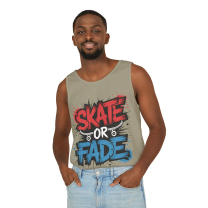 Skate Or Fade Men's Tank Top, Graffiti Skateboard Graphic Muscle Shirt, Urban Streetwear Sleeveless Top, Men's Garment-Dyed Tank Top