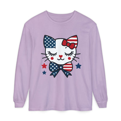 Patriotic Cat Long Sleeve T-Shirt, Women's Tee, Perfect for Fourth of July, Animal Lover Gift, Cozy Casual Wear, Holiday Apparel
